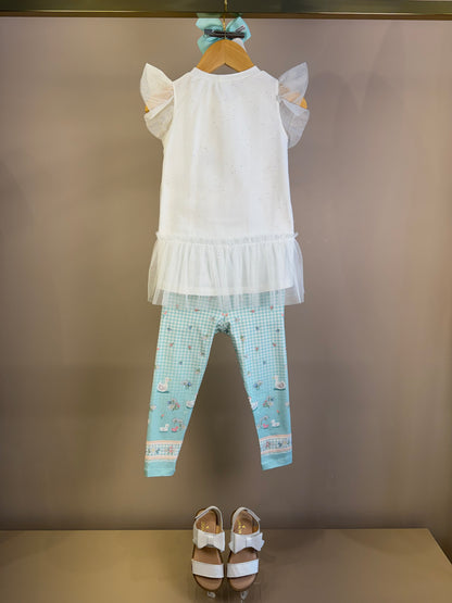 Conjunto Infantil Blusa Mangas Tule e Calça Azul Quadriculada - Petit Cherie