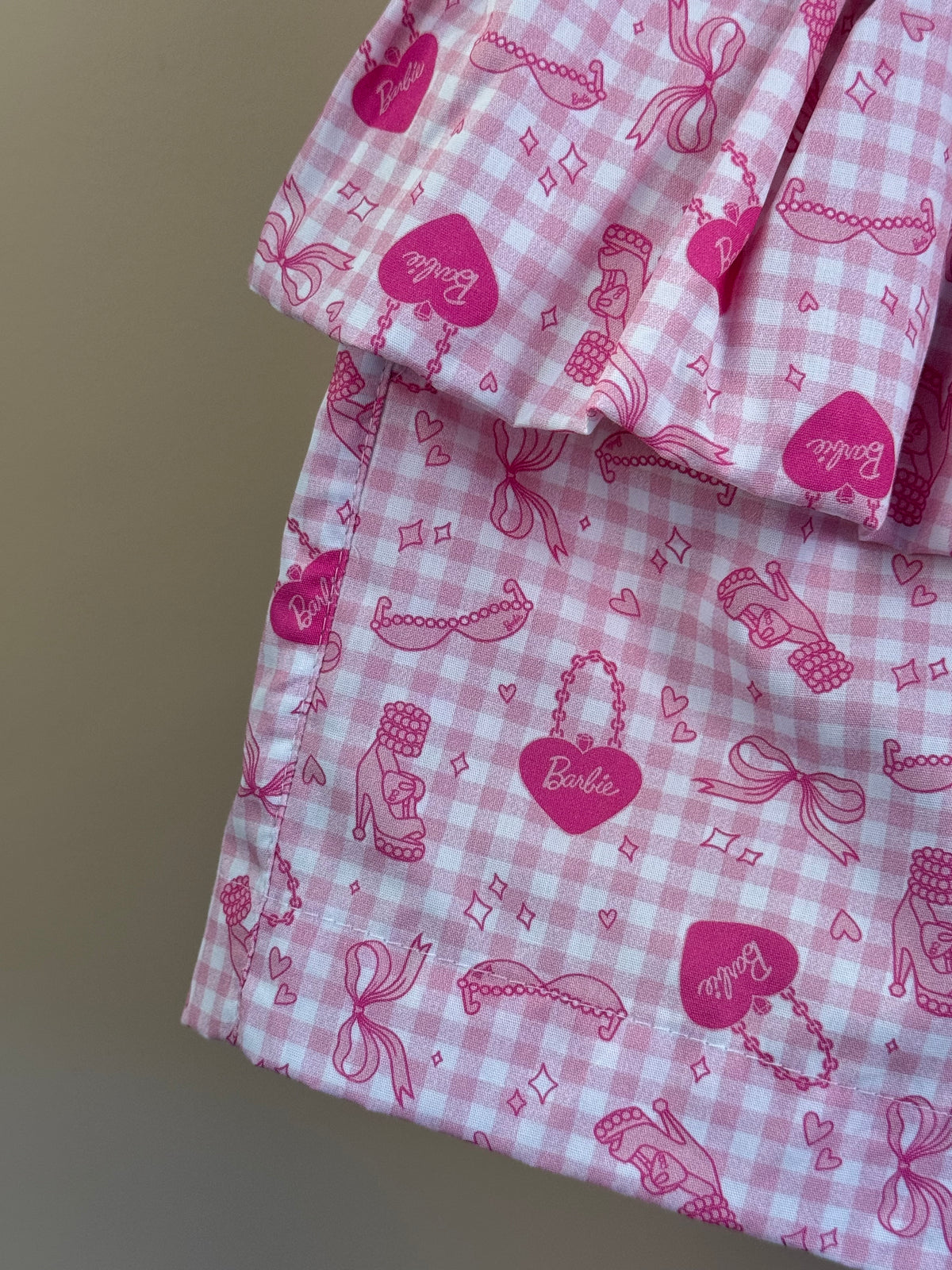 Conjunto Infantil Regata Cropped Laço Puffer Barbie Rosa e Shorts Babado Balonê Rosa Xadrez - Pituchinhus