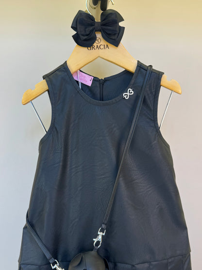 Vestido Infantil Trapézio Couro Tech com Bolsa Ursinho - Luluzinha