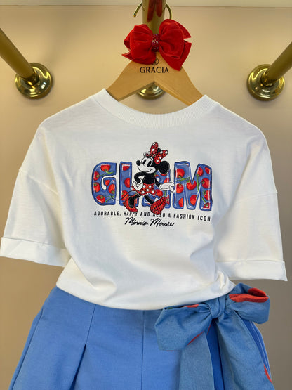Conjunto Infantil Blusa Infantil Minnie Estampa de Tomate e Saia Shorts Infantil Laço Bordado de Tomate - Animê