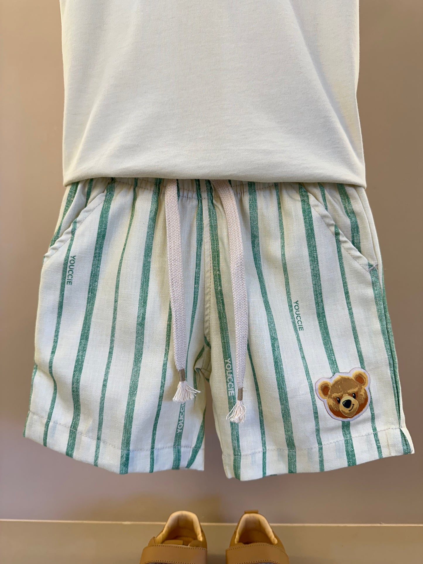 Conjunto Infantil T-Shirt Teddy e Bermuda de Linho Listrada - Youccie