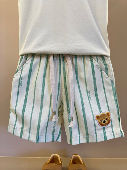 Conjunto Infantil T-Shirt Teddy e Bermuda de Linho Listrada - Youccie