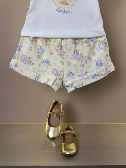 Conjunto Infantil Blusa Strass e Shorts Amarelo Estampa Florais - Petit Cherie