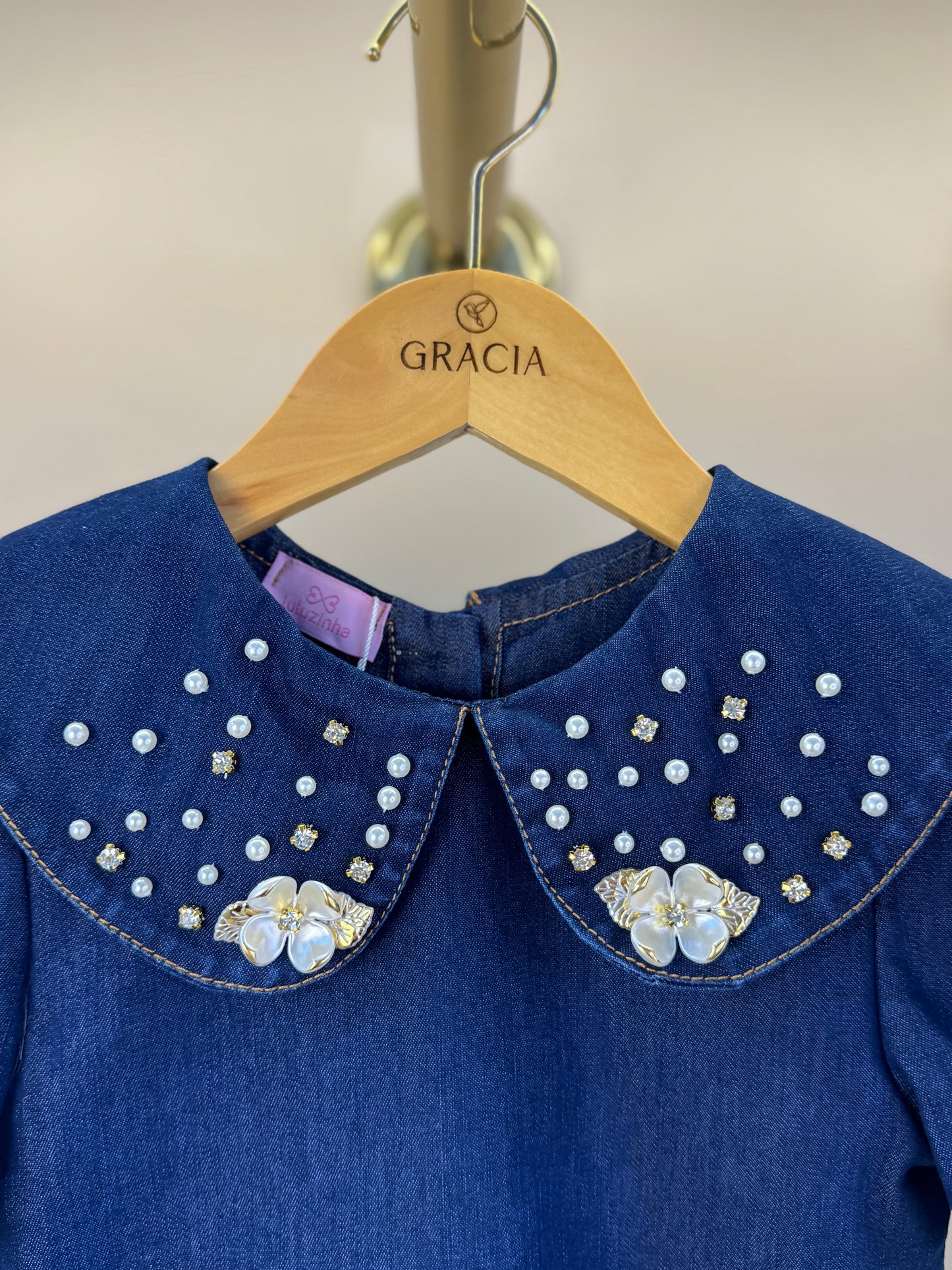 Conjunto Infantil Blusa Jeans Bordada Flores e Short Jeans Branco - Luluzinha
