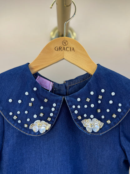 Conjunto Infantil Blusa Jeans Bordada Flores e Short Jeans Branco - Luluzinha