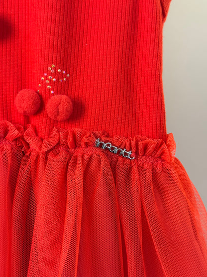 Vestido Infantil Liz Vermelho Com Cereja e Saia Em Tule - Infanti