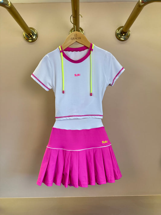 Conjunto Infantil Cropped Fernanda Dry Badminton Branca e Saia Fernanda Dry Badminton Rosa - Siri Sport