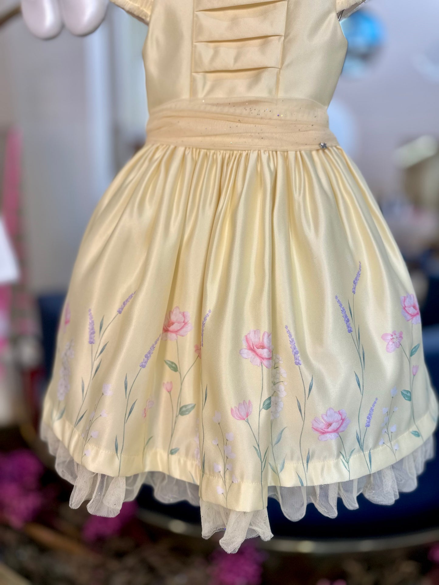 Vestido Infantil Festa Tule Flores Amarelo - Petit Cherie