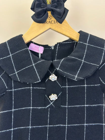 Vestido Infantil Trapézio Botões Xadrez Preto - Luluzinha