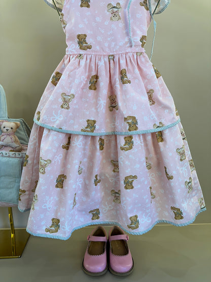 Vestido Infantil Algodão Estampa Ursinhos  Com Babados - Pituchinhus