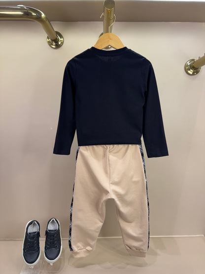 Conjunto Bebê Camiseta Algodão Ursinho Óculos Preta e Calça Moletom Bege - Um Mais Um