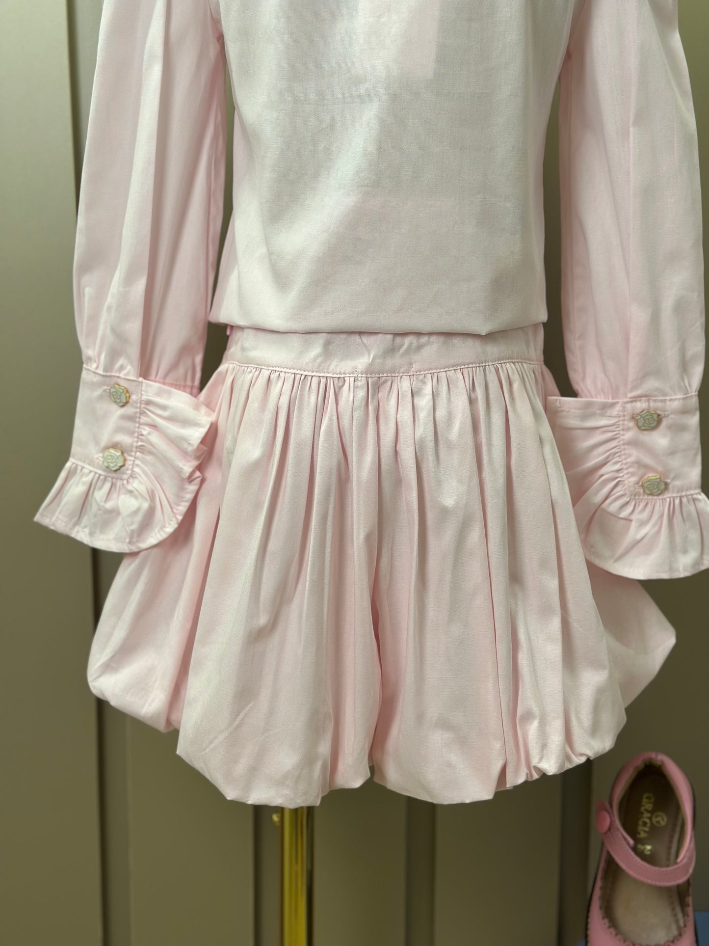Conjunto Infantil Algodão  Camisa Babadinhos Punho Pregas e Saia Balonê Rosa Claro - Luluzinha