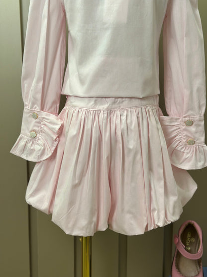 Conjunto Infantil Algodão  Camisa Babadinhos Punho Pregas e Saia Balonê Rosa Claro - Luluzinha