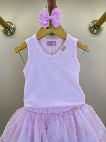 Conjunto Infantil Blusa Plaquinha Bordado Strass e Saia Rodada Camadas Tule Glitter Rosa - Luluzinha