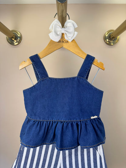 Conjunto Infantil Blusa Jeans Com Babado e Shorts Alfaiataria Listrado - Luluzinha