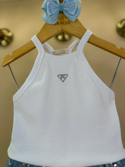 Conjunto Infantil Regata e Shorts Jeans com Paetês - Petit Cherie
