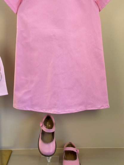Vestido Infantil Sarja Bolsos Patches Barbie Rosa Romântico - Pituchinhus