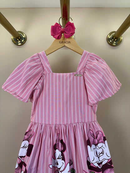 Vestido Infantil Rosa Listrado Minnie Floral - Animê