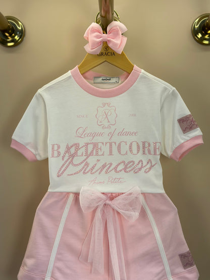 Conjunto Infantil Blusa Perolada Ballet Core Shorts e Laço Rosa - Animê Petite
