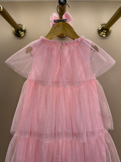 Vestido Infantil Tule Babados & Laço Rosa - Momi