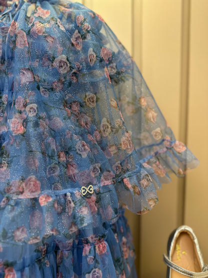 Vestido Infantil Midi Tule Floral Azul Babados - Luluzinha