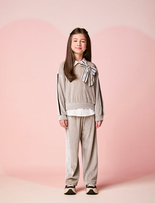 Conjunto Infantil Casaco com Laço e Calça Plush Prata - Momi