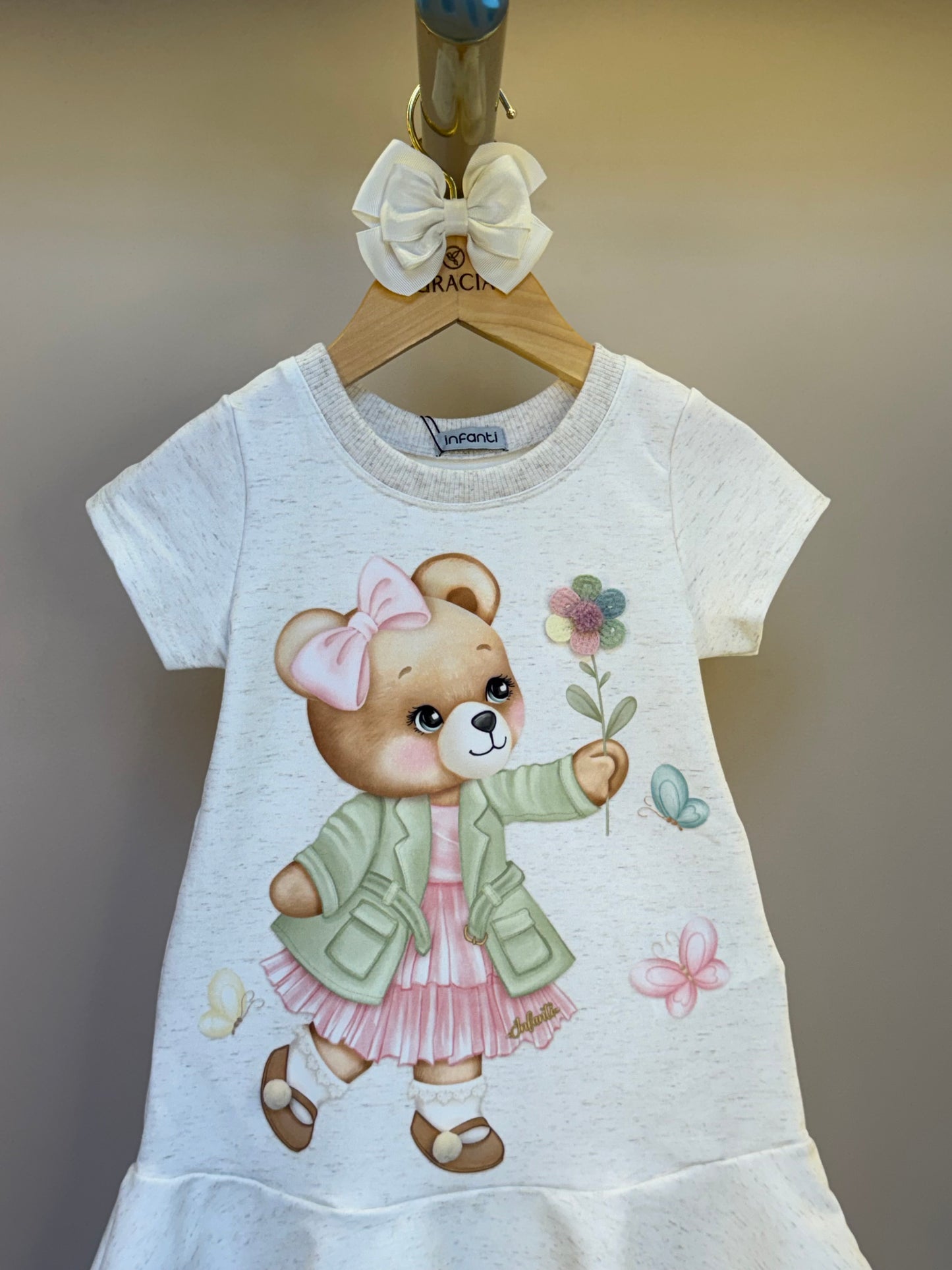 Vestido Infantil Molecotton Algodão Ursinha Flores Bege Claro - Infanti