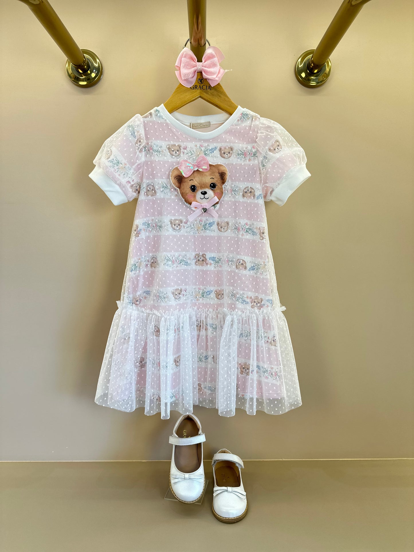 Vestido Infantil Trapézio Tule Poá Ursinha Bordado Lacinho Rosa - Petit Cherie