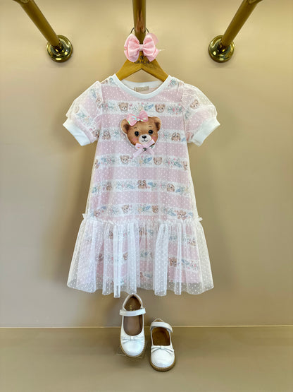 Vestido Infantil Trapézio Tule Poá Ursinha Bordado Lacinho Rosa - Petit Cherie