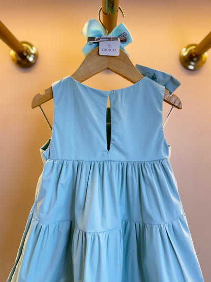 Vestido Infantil Algodão Camadas Laço Strass Ombro Verde - Petit Cherie