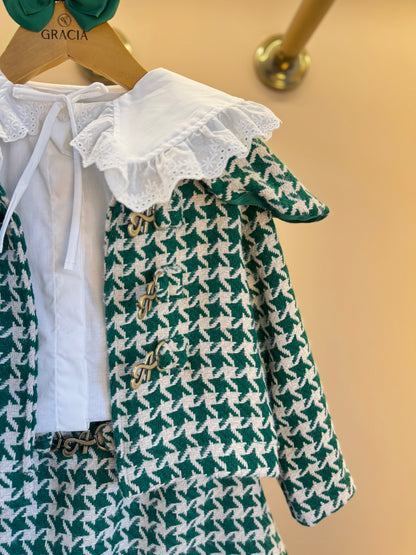 Conjunto Infantil Trio Casaco Tweed Xadrez, Camisa Gola Babados Rendas e Saia Tweed Xadrez - Animê