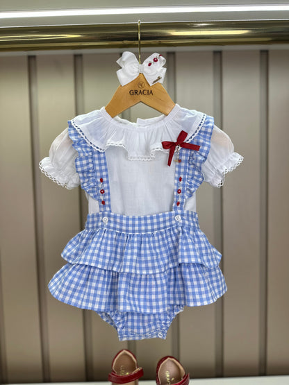 Jardineira Bebê Clássica Xadrez Azul Body Branco Golinha - Roana