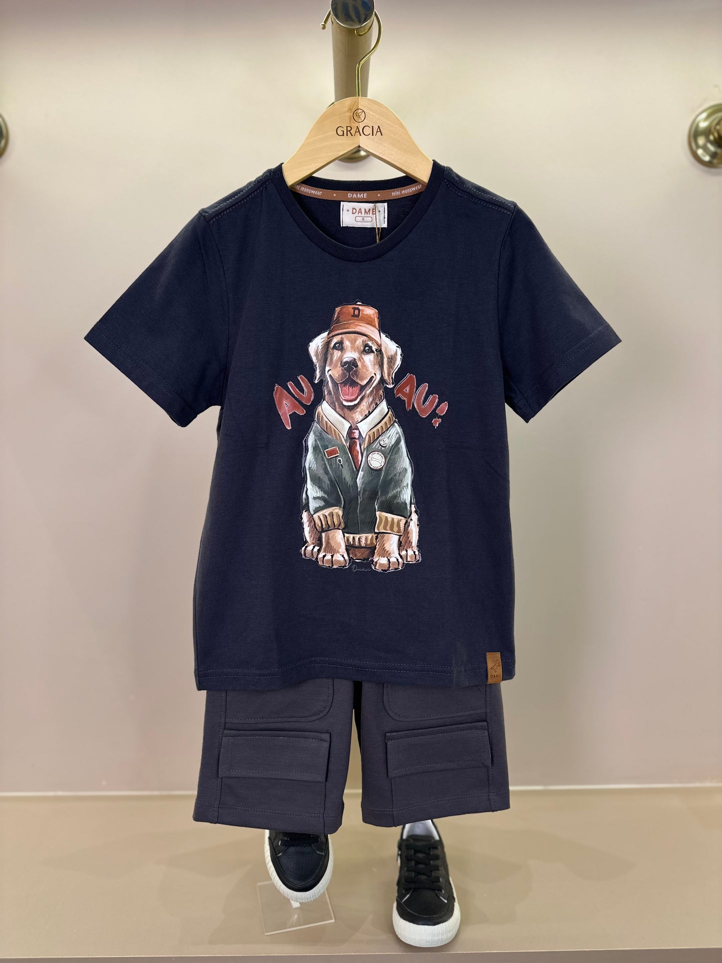 Conjunto Infantil Camiseta Cachorro Golden e Bermuda Suedine Algodão Bolsos Grafite - Dame