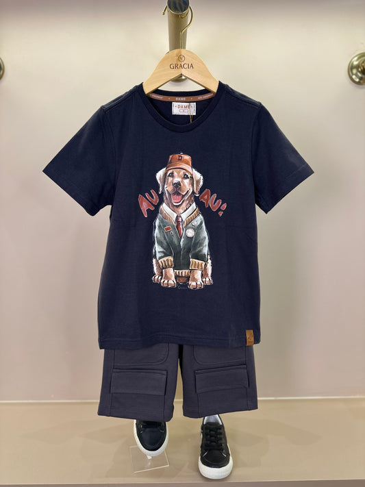 Conjunto Infantil Camiseta Cachorro Golden e Bermuda Suedine Algodão Bolsos Grafite - Dame