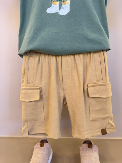 Conjunto Infantil Camiseta Algodão Teddy Chapéu Panama e Bermuda Ponto Roma Bolsos Cargo Bege - Dame