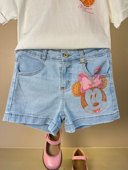 Conjunto Infantil Blusa Minnie Mouse Colorful e Shorts Jeans Estampa Minnie - Animê