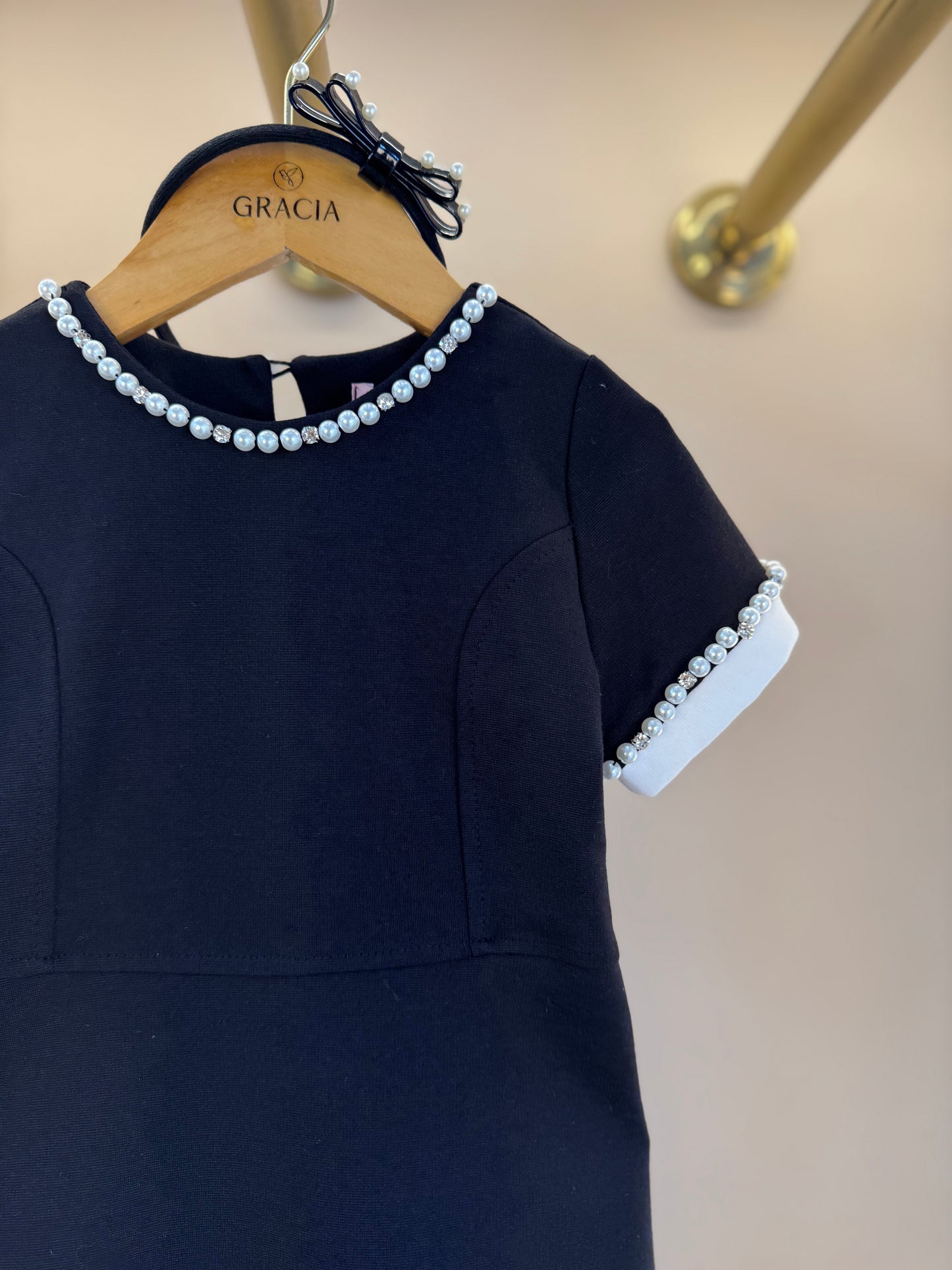 Vestido Infantil Ponto Roma Princesa Bordados Pérolas Preto - Pituchinhus