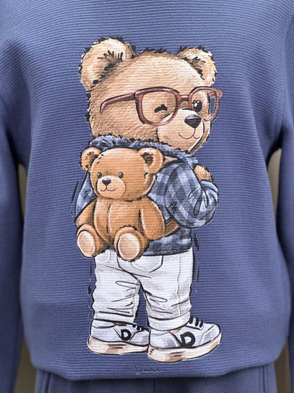Conjunto Infantil Blusa e Calça Malha Texturizada Teddy Mochila Denim - Dame
