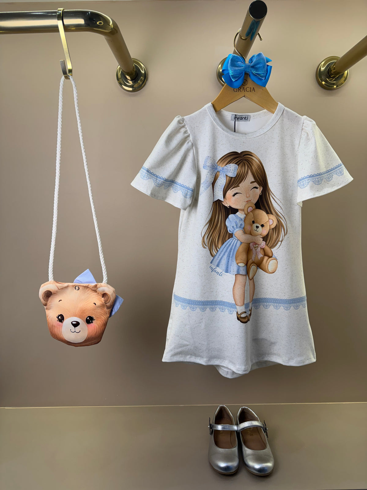 Vestido Infantil Ursinha  e Bolsa Ursinho Com Laço - Infanti