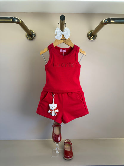 Conjunto Infantil Vermelho Blusa Com Strass e Shorts Moletom Acessório de Urso - Luluzinha