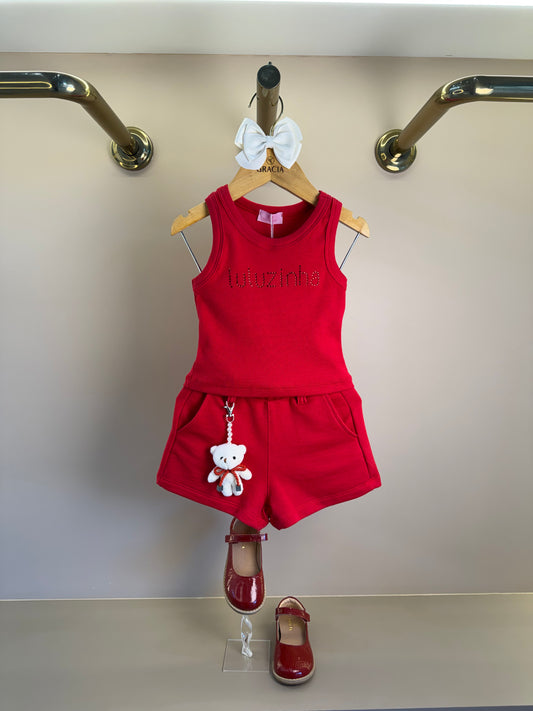 Conjunto Infantil Vermelho Blusa Com Strass e Shorts Moletom Acessório de Urso - Luluzinha