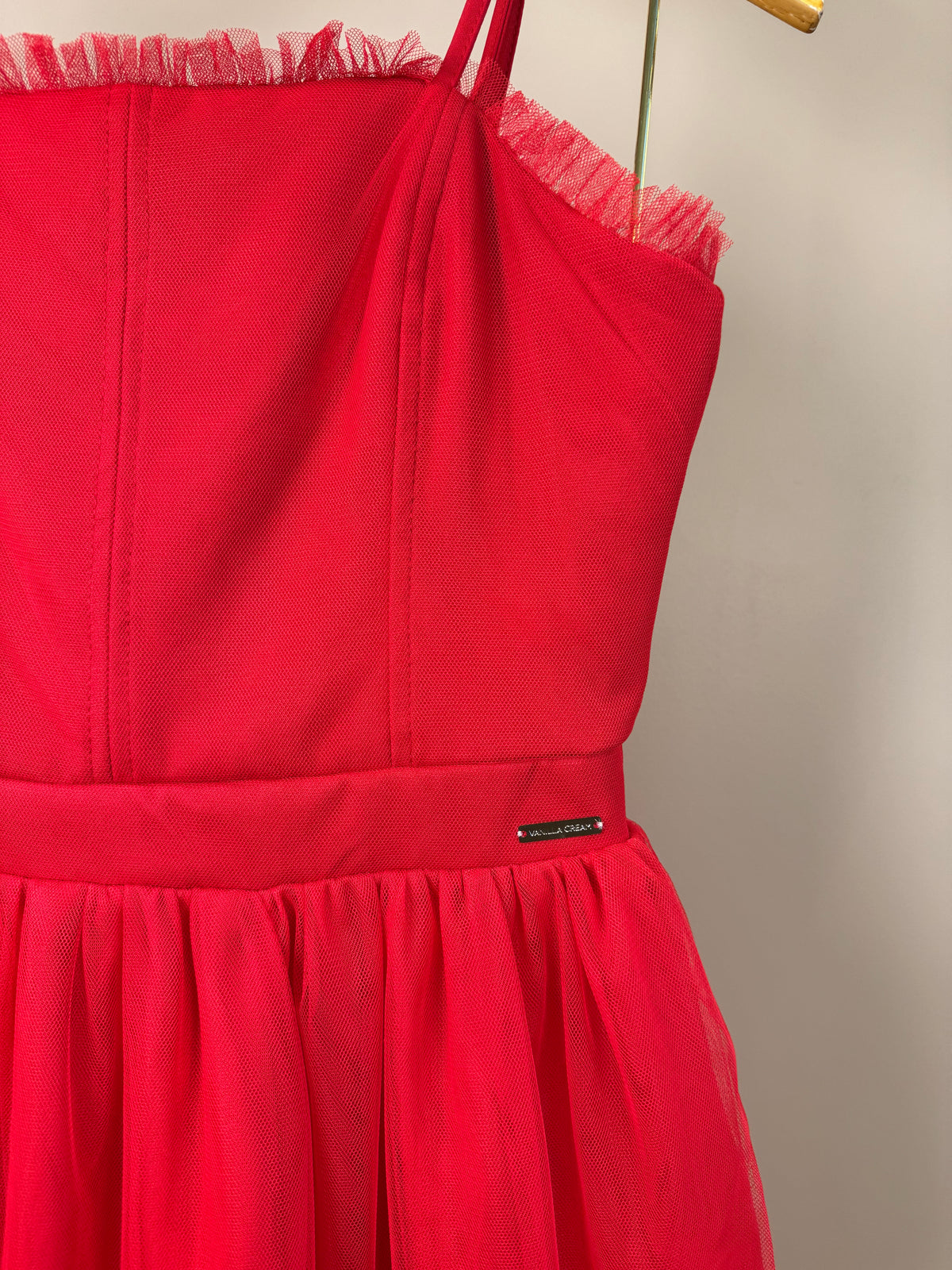 Vestido Teen Tule Barra Franzida Vermelho - Vanilla Cream