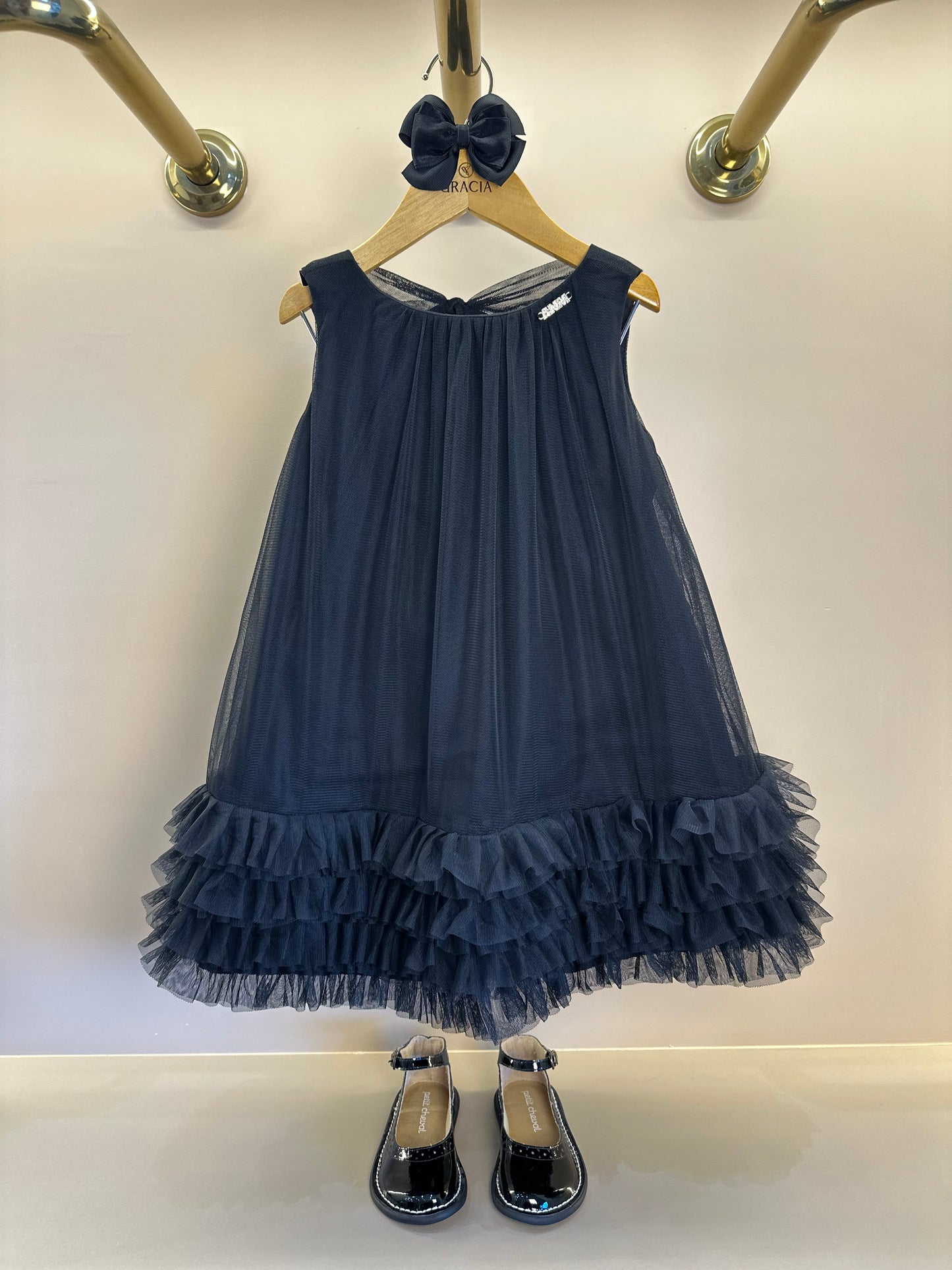 Vestido Infantil Tule Babado Bordado Barra Preto - Animê
