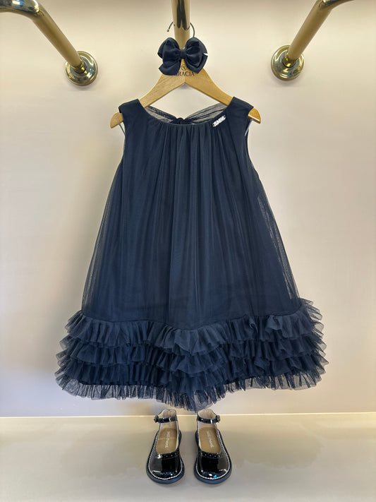 Vestido Infantil Tule Babado Bordado Barra Preto - Animê