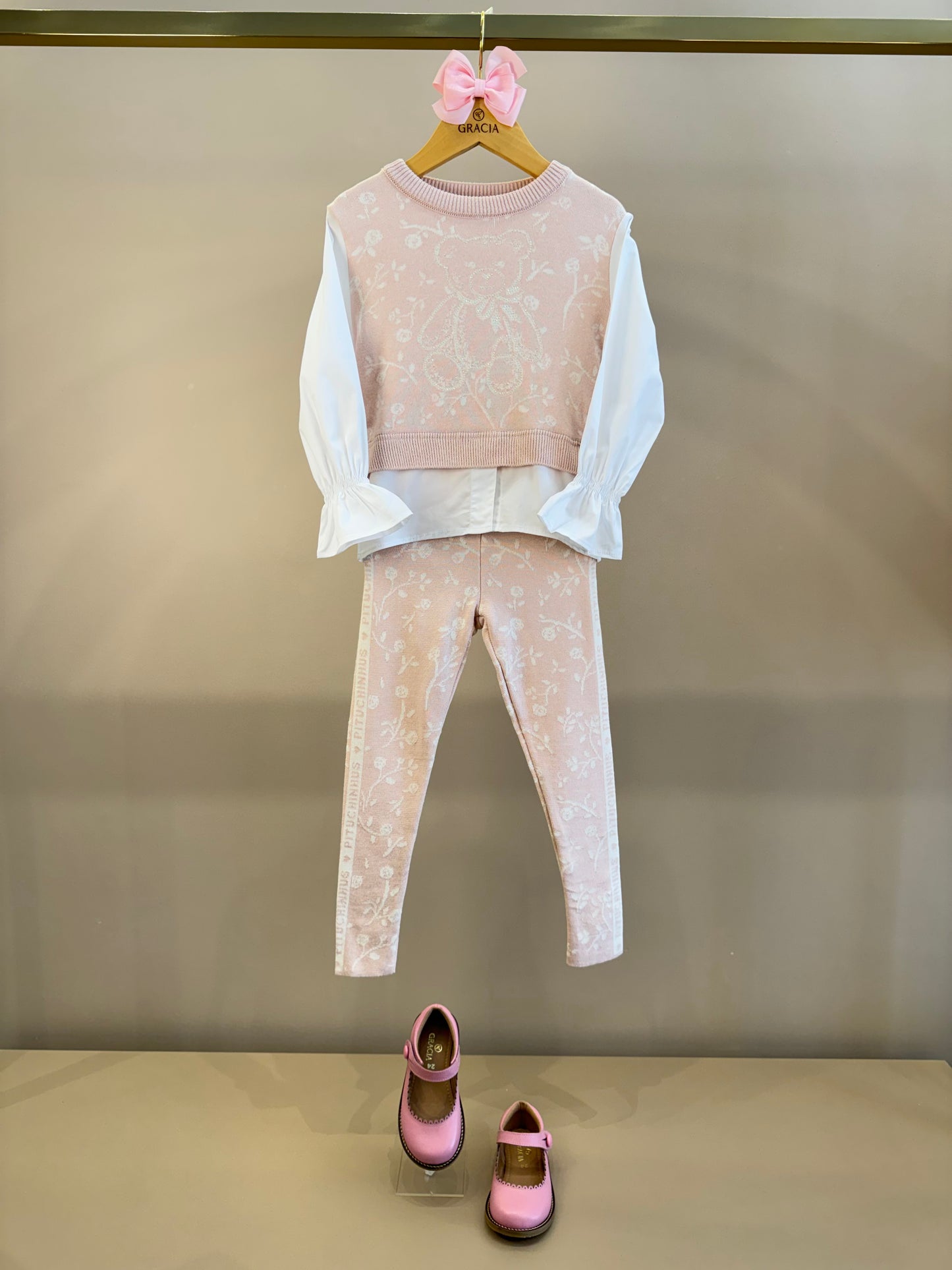 Conjunto Infantil Blusa Tricot Floral Ursinho Rosa Mel e Legging Tricot Floral - Pituchinhus