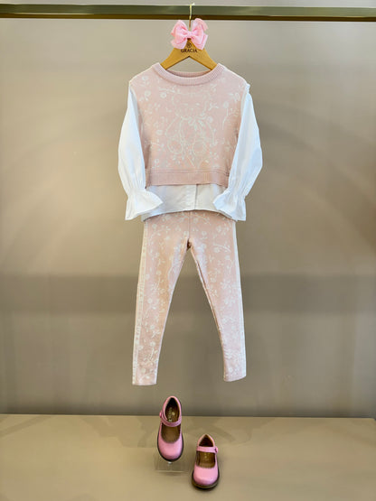 Conjunto Infantil Blusa Tricot Floral Ursinho Rosa Mel e Legging Tricot Floral - Pituchinhus