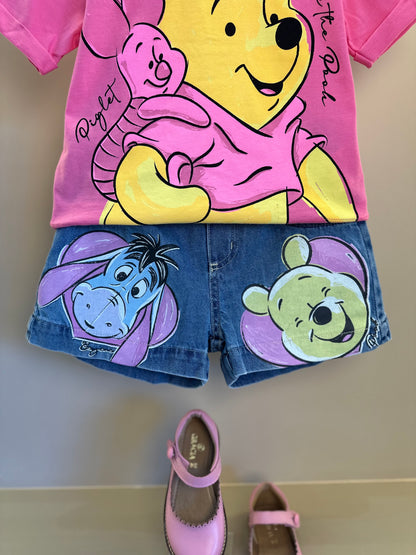 Conjunto Infantil Camiseta e Shorts Jeans Leitão & Pooh Rosa Cherry Donut - Animê Petite
