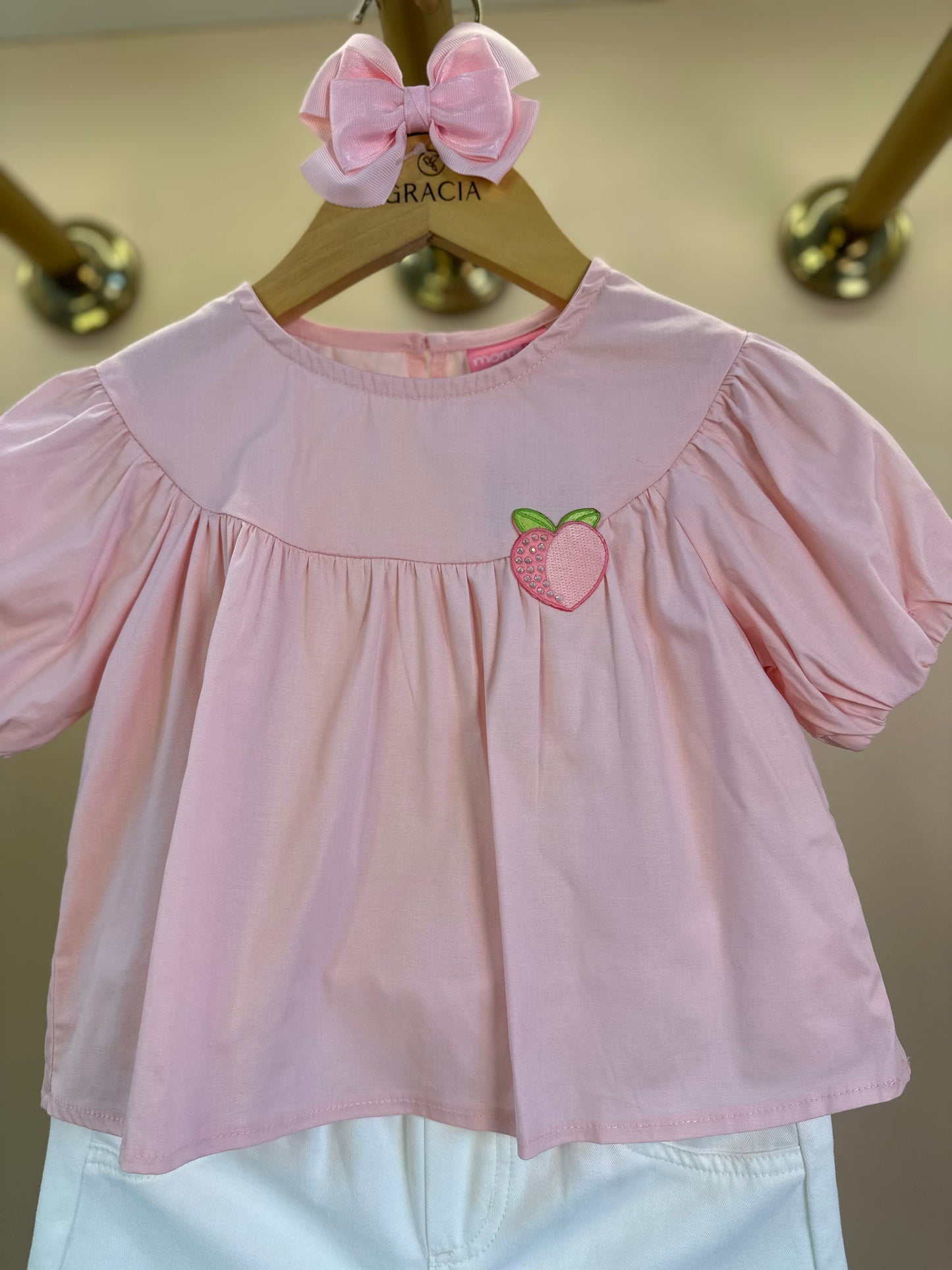 Conjunto Infantil Blusa Rosa Cristal Bordada e Shorts Off - Momi