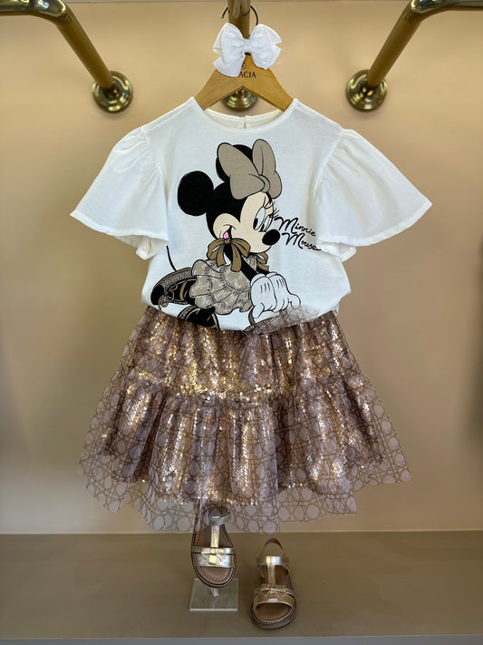 Conjunto Infantil Blusa Minnie e Saia Tule e Paetê Dourada - Animê