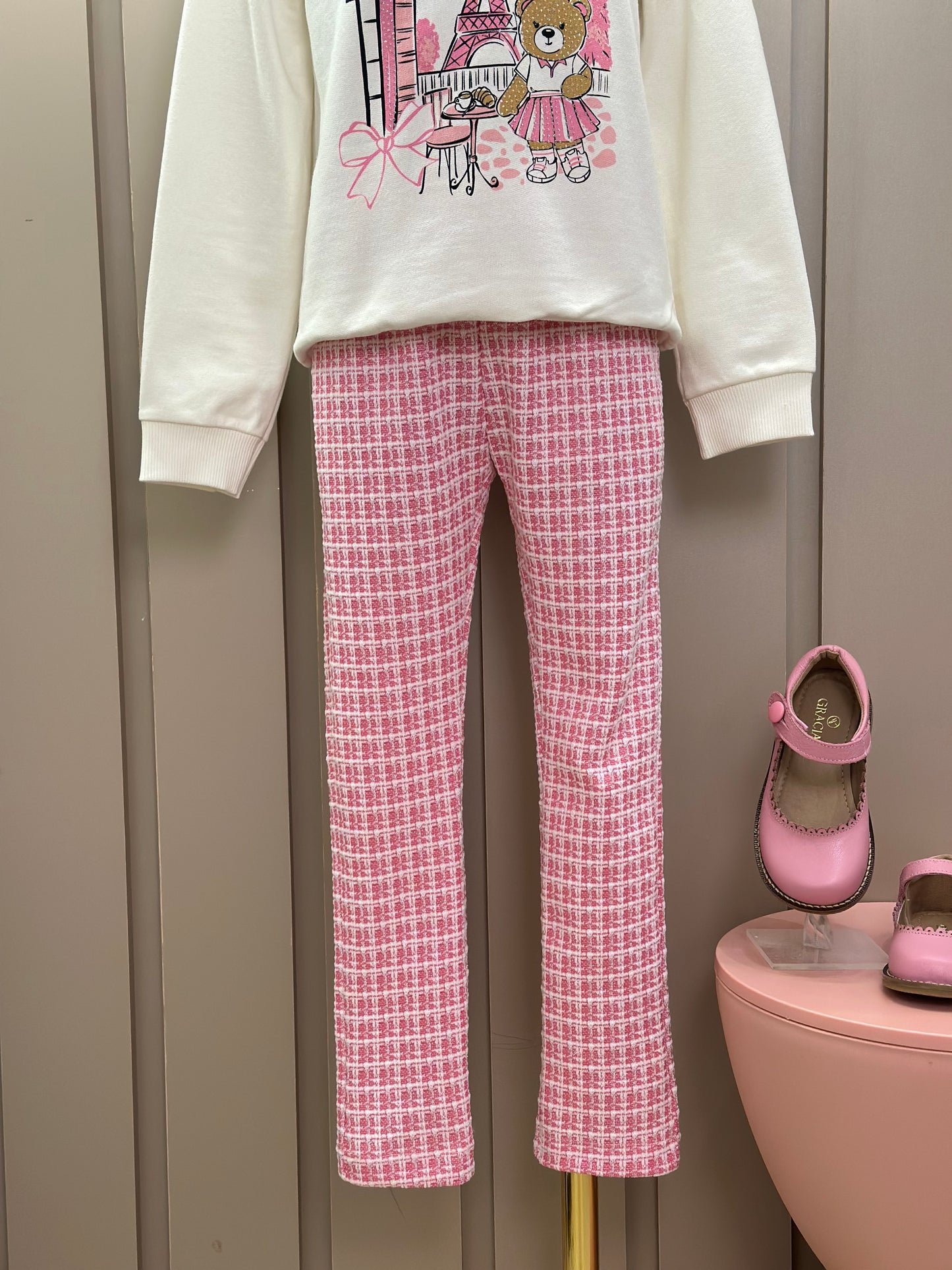 Conjunto Infantil Blusa Ursinha Paris e Legging Malha Tweed Rosa - Momi